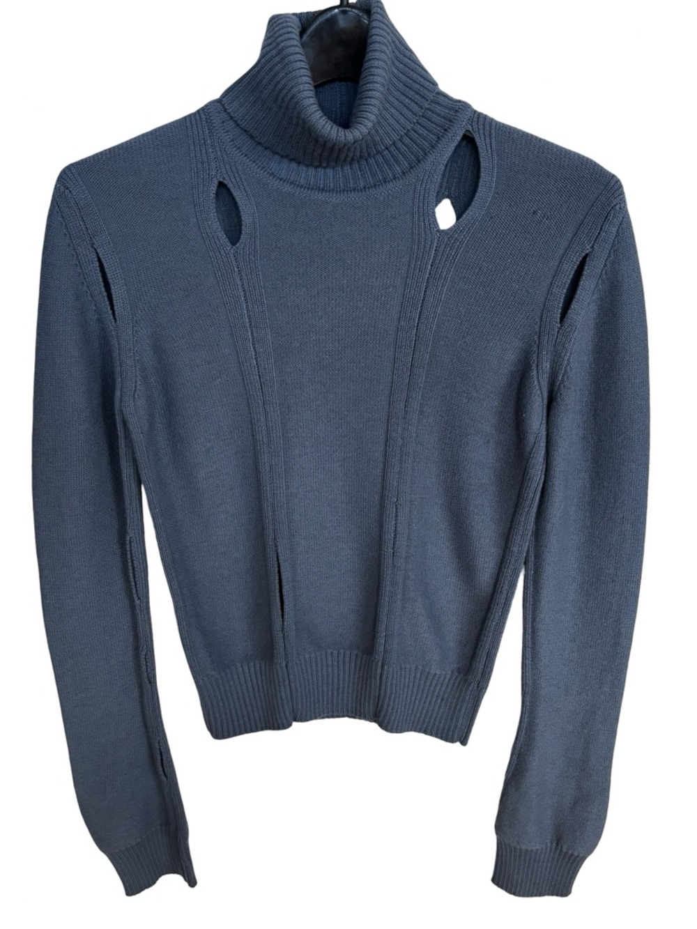Christian Dior Boutique 100% Wool Cut Out Turtleneck Slate Blue Sweater Sz 8
